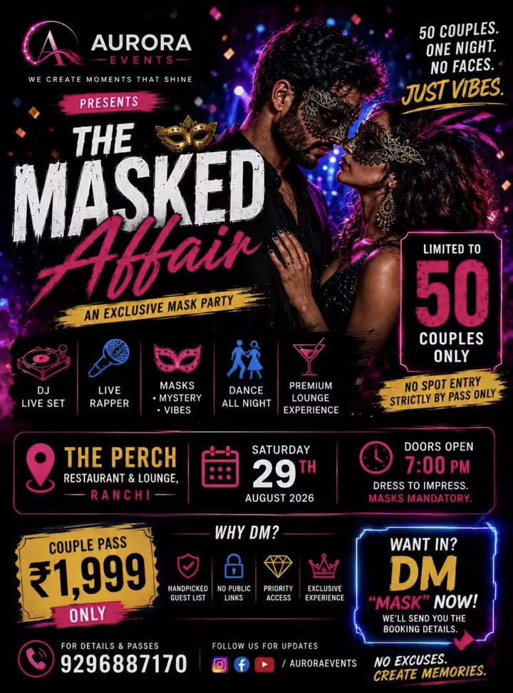 The Masked Affair poster — exclusive mask party at The Perch, Ranchi
